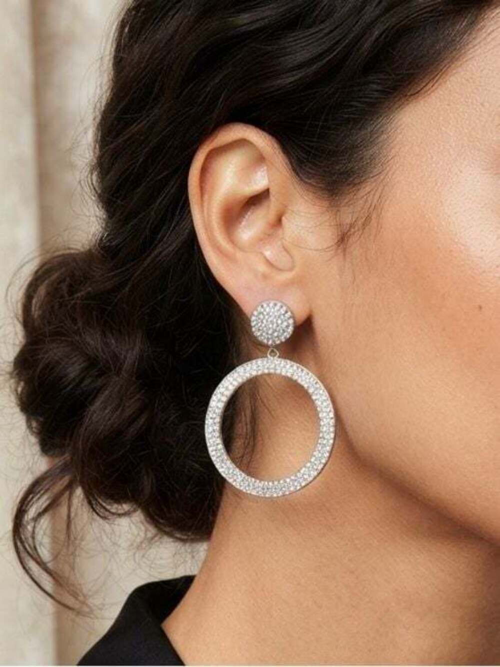 Pavé Crystal Hoop Drop Earrings in Silver Tone